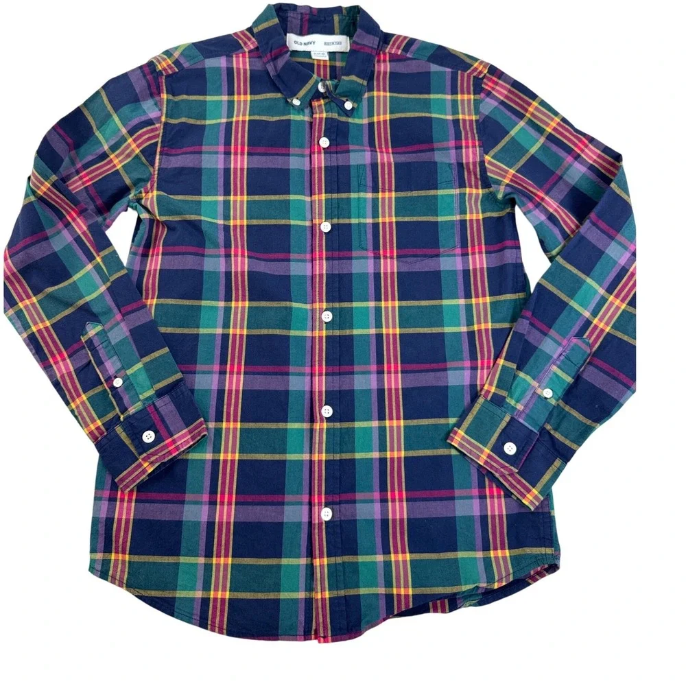 Old Navy Boys XL 14-16 Built-In Flex Teal Plaid Button Down Shirt Long Sleeve